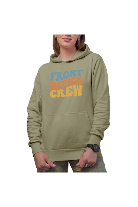 Front Office Crew, Groovy Retro Wavy Text Merch Gift, Sand Hooded Sweatshirt or Hoodie, Small