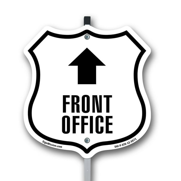 Front Office Up 12 inch X 12 inch Shield Shaped Rust-Free Aluminum Metal Sign with Aluminum Mounting Stake Weather Resistant Made in the USA