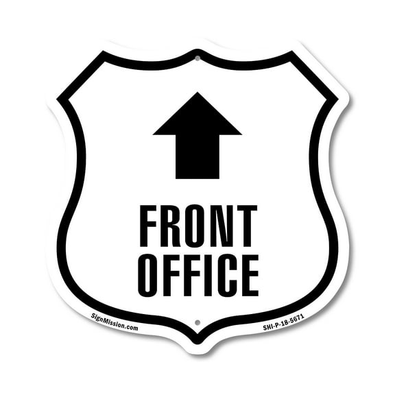 Front Office Up 6 inch X 6 inch Shield Shaped Commercial Grade Plastic Sign Weather Resistant Made in the USA