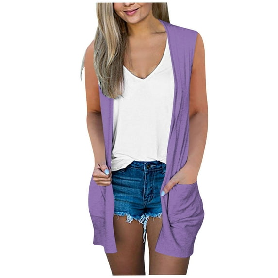 Front Open Cardigans for Women New Women's Sleeveless Cardigan Lightweight Loose Summer Casual Open Front Long Sweaters Vests with Pockets Purple XXL