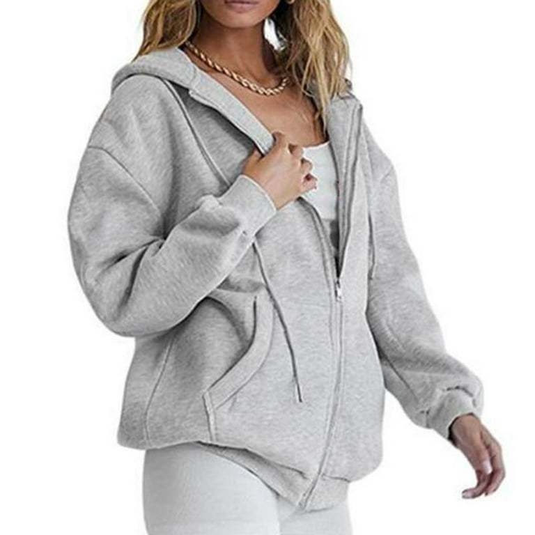 Women's Street Long Sleeve Hoodie Drawstring Solid Color Zipper Shirt  Jacket Plain Hoodies for Women Grey at  Women's Clothing store