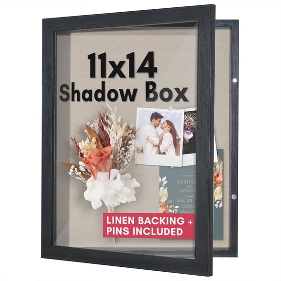 Front Opening 11x14 Shadow Box Frame, Shatter Resistant Glass Display Case for Collectibles Photos Awards, Tabletop or Wall Mounted Deep Picture Frame for Mementos Keepsakes Wedding Decor, Black