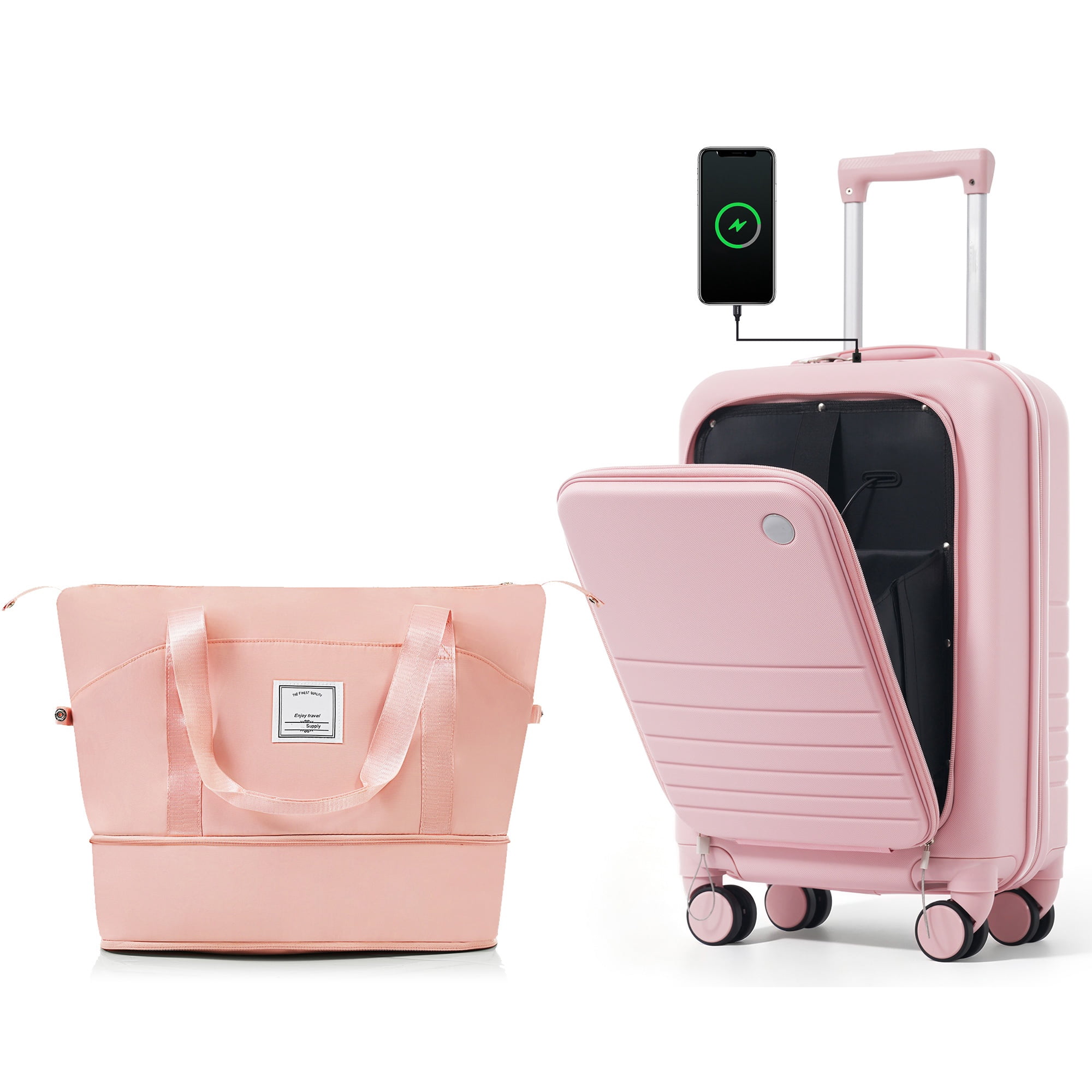 Front Opening 20-Inch Carry-On Luggage with Expandable Travel Bag Set, ABS Hard Shell Two-piece suitcase set with USB Port, Cup Holder, Pink
