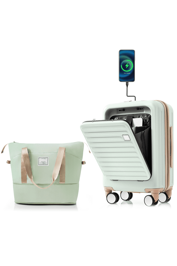 Front Opening 20-Inch Carry-On Luggage with Expandable Travel Bag Set, ABS Hard Shell Two-piece suitcase set with USB Port , Cup Holder