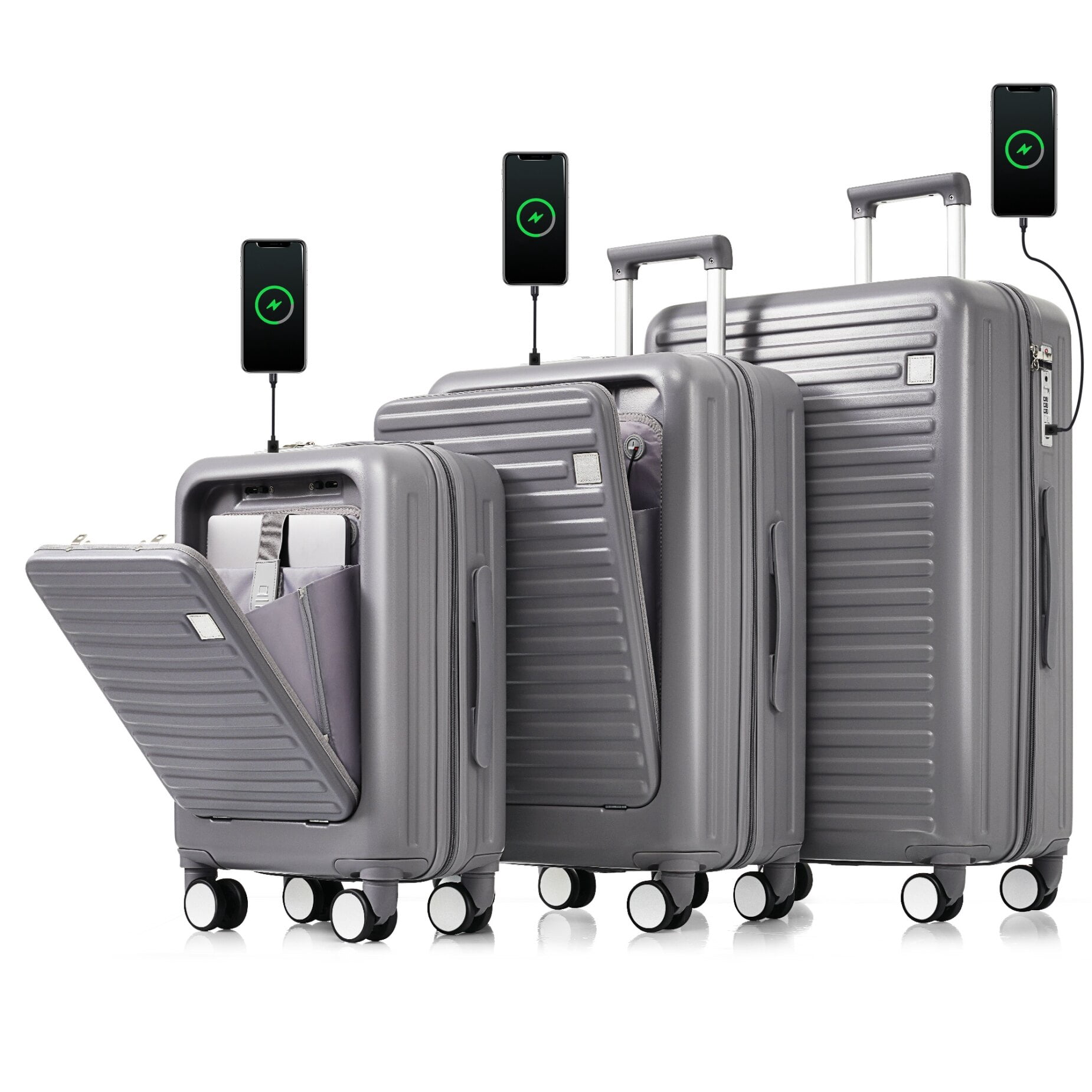 Front Opening Carry-On Luggage Set of 3, 20, 24, 28inch ABS