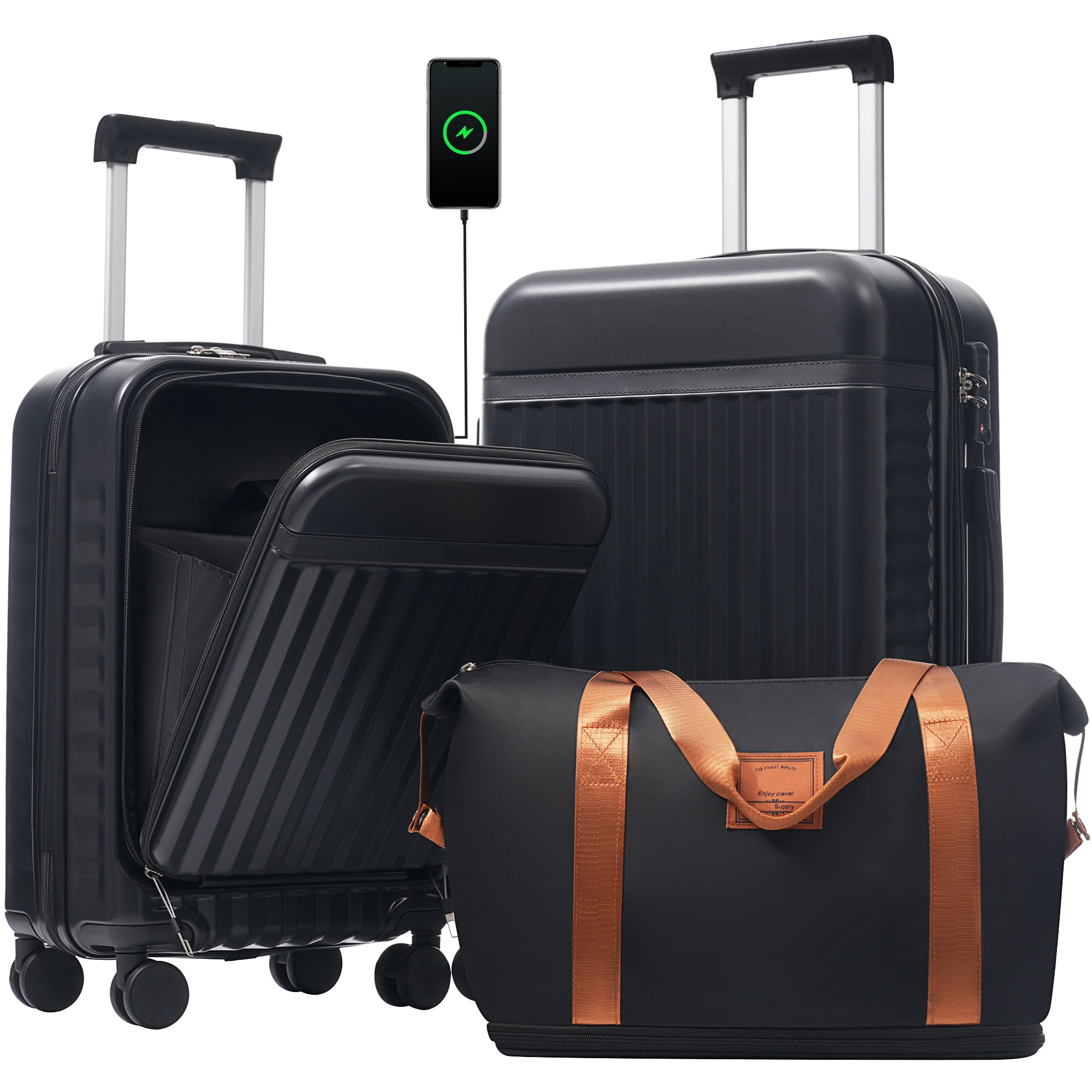 Front Opening Luggage Set 3 Piece, Hardside Carry on Suitcase with USB Port, Expandable Luggage with Handle Bag Spinner Wheels TSA Lock