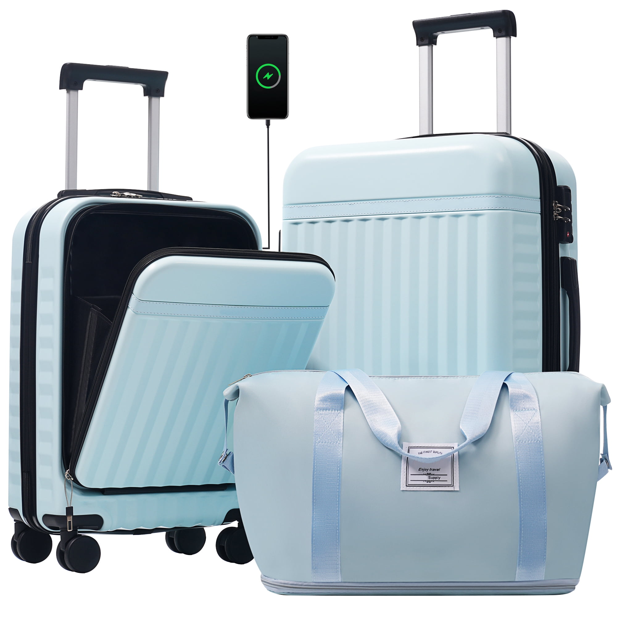 Front Opening Luggage Set 3 Piece, Hardside Carry on Suitcase with USB Port, Expandable Luggage with Handle Bag Spinner Wheels TSA Lock