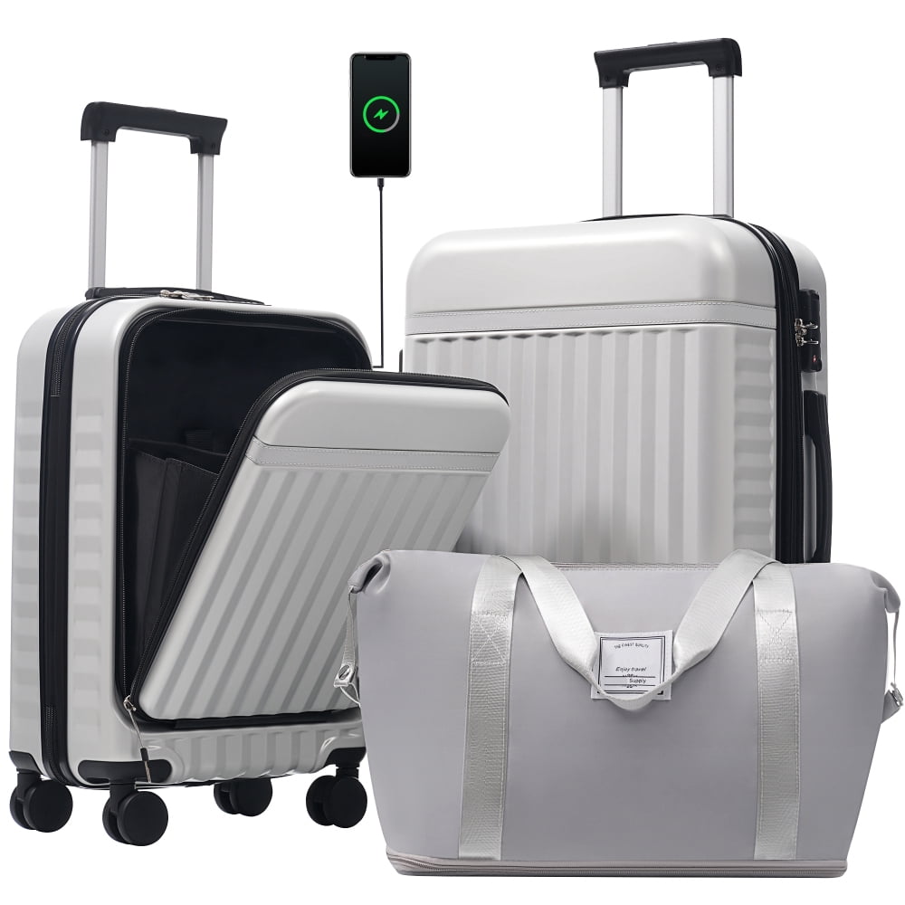 Front Opening Luggage Set 3 Piece, Hardside Carry on Suitcase with USB ...