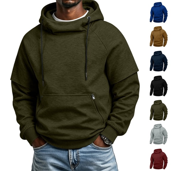 Front Patch Pocket Hoodie Sweatshirts for Men Double Layer Raglan Sleeve Turtleneck Drawstring Pullover Sweatshirt With Zipper Regular Relaxed Fit Casual Streetwear Top.