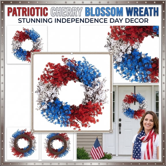 Front Porch Decorations Outdoor, BlueandWhite Red Artificial Floral Wreath, FourthofJuly Door Decorations Hanging Outdoor Entryway Accents