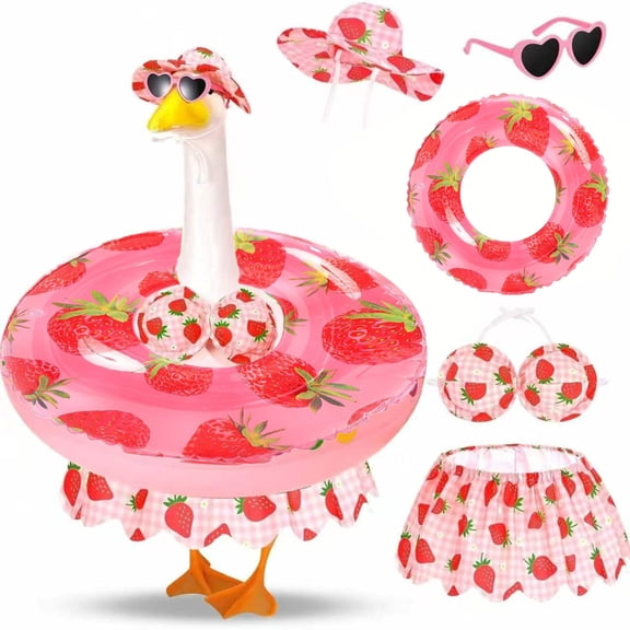 Front Porch Goose Strawberry Party Decorations Inflatable Pool Float Pink Yard Decorations Summer Outdoor Decor Lawn Ornament 3 Set