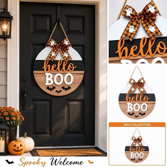 Front Porch Halloween Decor, Halloween Welcome Sign, Halloween Porch Decorations, Halloween Ghost Decor, 12 Inch Diameter Circular Wooden Hanging Door Plaque with Hello Boo