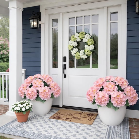 Front Porch Hydrangeas, 17.7in 5 Heads Hydrangea Artificial Flowers Outdoor Uv-Resistant Waterproof Windproof Never Faded, Realistic Silk Faux Floral for Spring Wedding Yard Garden