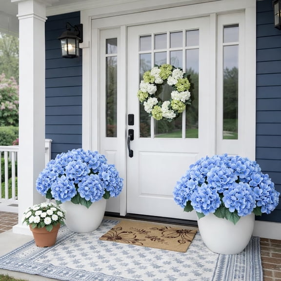 Front Porch Hydrangeas, 17.7in 5 Heads Hydrangea Artificial Flowers Outdoor Uv-Resistant Waterproof Windproof Never Faded for Spring Wedding Yard Garden