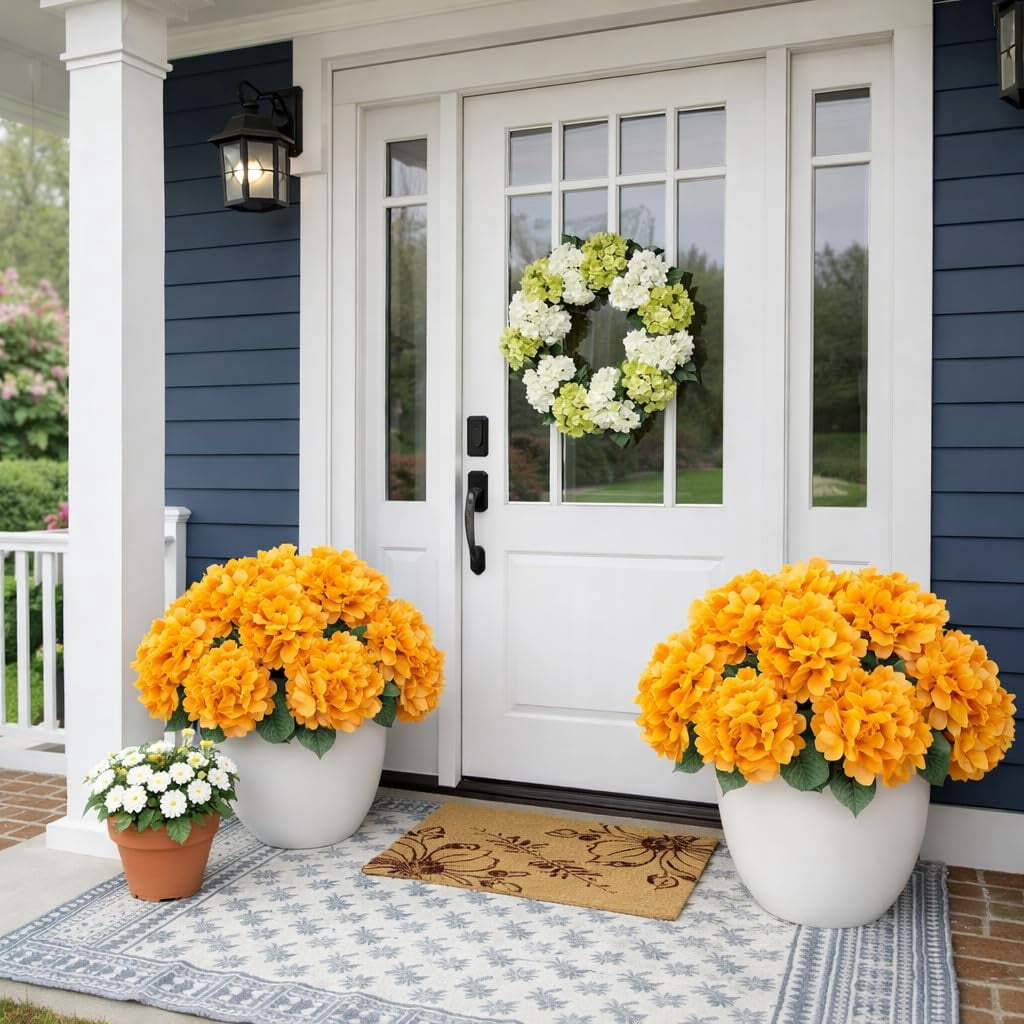 Uv-Resistant Waterproof Front Porch Hydrangeas, Realistic Silk Hydrangea Flowers, 17.7 Inch 5-Head Faux Floral for Front Porch & Spring Wedding Decoration