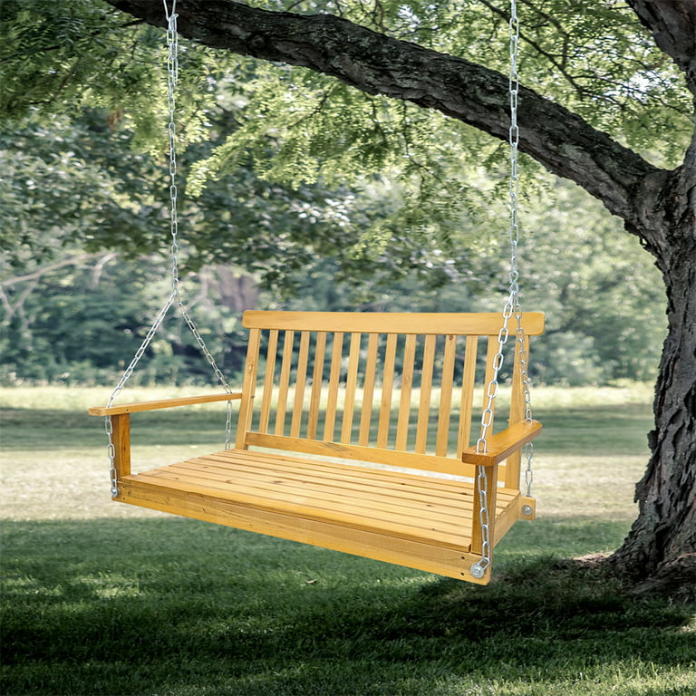 Front Porch Swing with Armrests, Outdoor Patio All-Weather Wooden Bench  Swing with Hanging Chains, 3-Seater Swing Seat, Wooden Tree Swing for  Outdoor