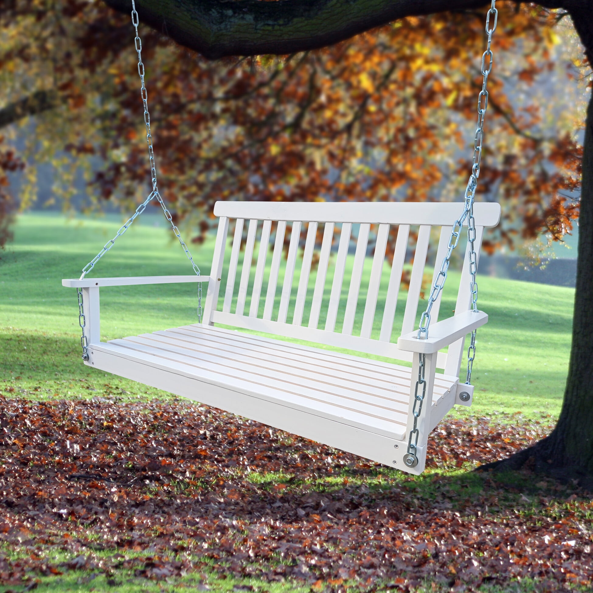 Wooden Porch Swing with 2 Seat Outdoor Bench Swing with Hanging Chains Porch Swing with Backrest and Armrest for Patio Garden Backyard Easy to Assemble White Walmart