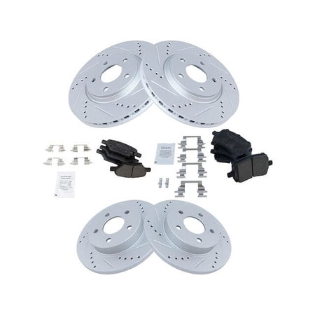 Front and Rear Ceramic Brake Pad and Cross Drilled and Slotted Rotor Kit - 5 Lug - Vented Front Rotors - Solid Rear Rotors - Compatible with 2004 - 2006, 2008 - 2012 Chevy Malibu 2009 2010 2011