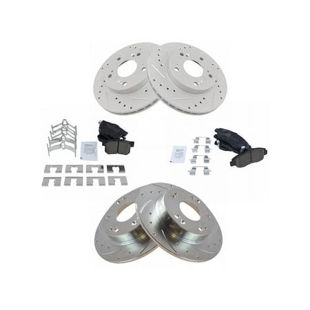 Front and Rear Ceramic Brake Pads and Cross Drilled and Slotted Rotor Kit - 5 Lug - Compatible with 2006 - 2011 Honda Civic EX 1.8L 4-Cylinder 2007 2008 2009 2010