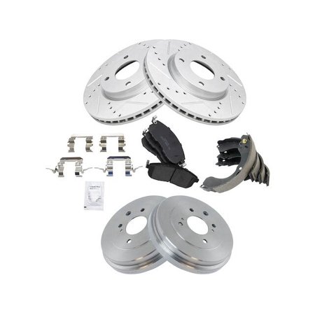 Front and Rear Ceramic Brake Pads and Cross Drilled and Slotted Rotor Shoe Drum Kit - 4 Lug - Vented Front Rotors - Compatible with 2007 - 2012 Nissan Versa Hatchback 1.8L 4-Cylinder 2008 2011
