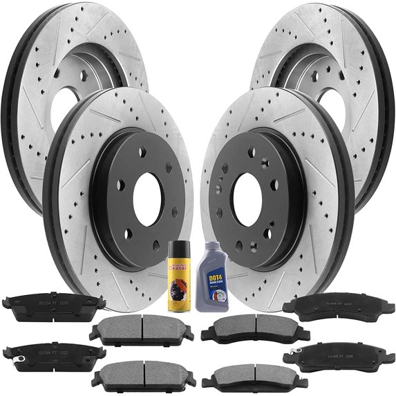 Front Rear Drilled Slotted Disc Brake Rotors + Ceramic Pads + Cleaner Fluid Fits for Cadillac Escalade, Chevy Avalanche/Silverado 1500 SSV/Suburban 1500/Tahoe, GMC Sierra 1500 Denali/GMC Yukon XL