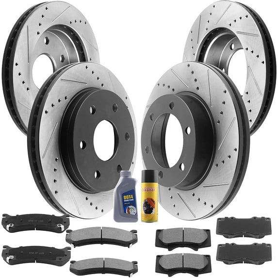 Front Rear Drilled Slotted Disc Brake Rotors + Ceramic Pads + Cleaner Fluid Fits for Chevy Astro/Avalanche 1500 /Silverado 1500 /Suburban 1500 /Tahoe 1500, GMC Safari/Sierra 1500 /Yukon/Yukon XL