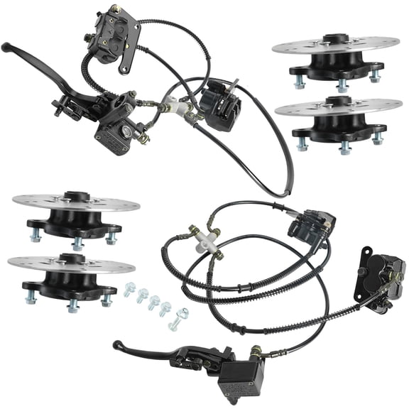 Front & Rear Hydraulic Brake Caliper Assembly Kit with Wheel Hubs & Brake Disc Rotors 4 Stud 23T Spline Hubs, 180mm Rotors, Fits 4 Wheel Drive ATV Quad Go Kart Drift Trike Buggy 4 Wheeler Golf Cart