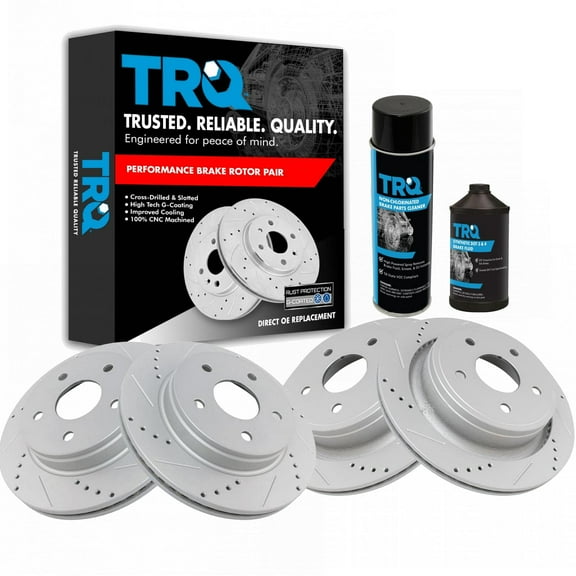 Front Rear Performance Drilled Slotted Coated Rotors with Brake Fluid & Cleaner BKA15024