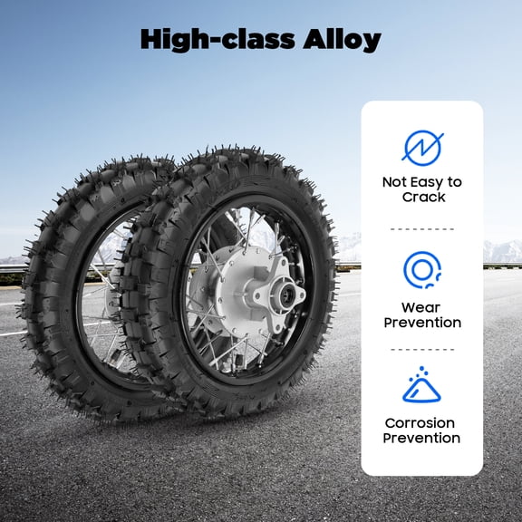 Front Rear Tire Rim Wheel, 2.5-10 Directly Replacement Drum Brake Pit Bike Tire With Chain & Chain Plate Compatible With Honda CRF50 XR50 BBR KLX Dirt Bikes