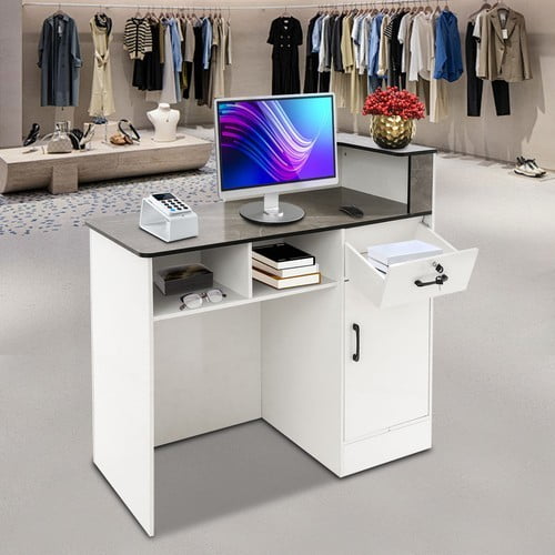 Front Reception Counter Desk Checkout Office Desk W/Open Shelf & Lockable Drawer