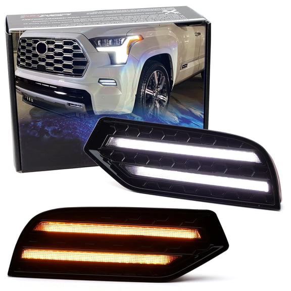 Below Front Road Illuminating Light Lower Bumper Filler Replace White/Amber Sequential Blink Switchback LED Daytime Running Light Kit For 2023-up Toyota Sequoia