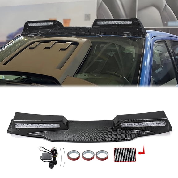 Front Roof Spoiler Splitter w/ LED Light Carbon Fiber Look For 2021-2023 Ford F150 F-150
