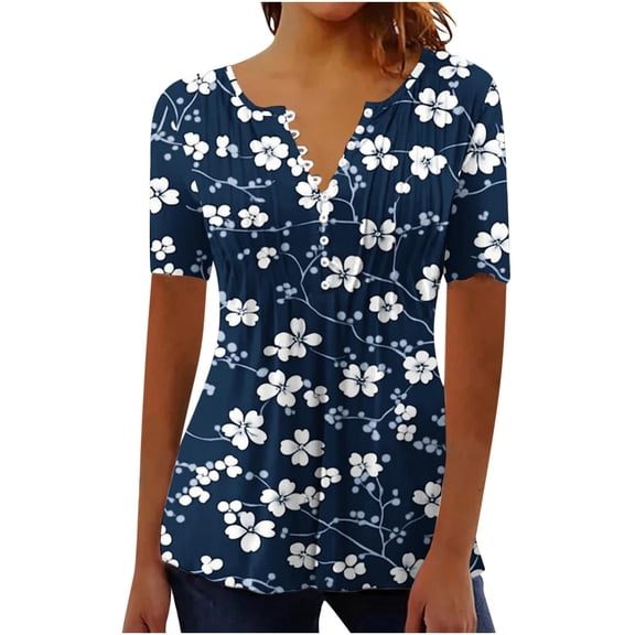 Front Ruched Shirts for Women Ruffle Floral Print Tunics Button Down V Neck Blouse Tops Boho Graphic Top Casual Business Outfits Fashion Trendy Tees Summer Vacation Outfits 2026