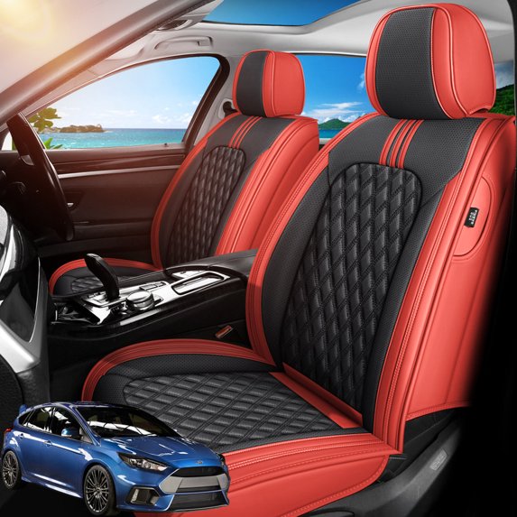 Front Seat Covers Fit for Ford Focus 2000-2021, Premium Faux Leather Waterproof Breathable Anti‑Slip Seat Protectors, Black&Red