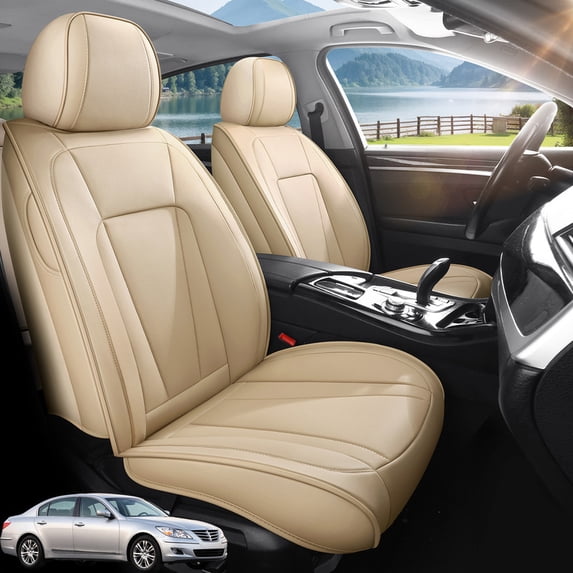 Front Seat Covers Fit for Hyundai Genesis 2009-2016, Premium Faux Leather Waterproof Breathable Anti‑Slip Seat Protectors, Beige