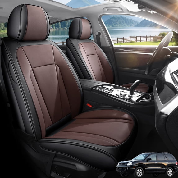 Front Seat Covers Fit for Hyundai Santa Fe 2001-2026, Premium Faux Leather Waterproof Breathable Anti‑Slip Seat Protectors, Black&Brown