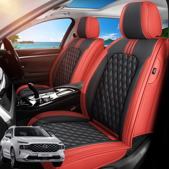 Front Seat Covers Fit for Hyundai Santa Fe 2001-2026, Premium Faux Leather Waterproof Breathable Anti‑Slip Seat Protectors, Black&Red