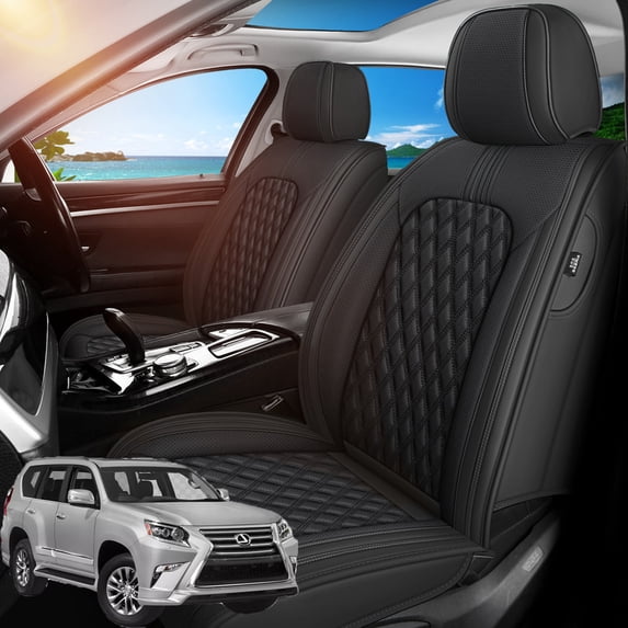 Front Seat Covers Fit for Lexus GX460 2008-2023, Premium Faux Leather Waterproof Breathable Anti‑Slip Seat Protectors, Black
