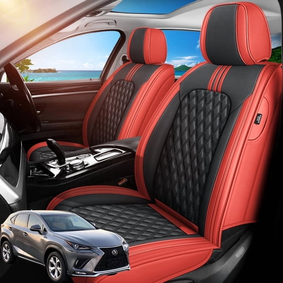 Front Seat Covers Fit for Lexus NX200t 2015-2017, Premium Faux Leather Waterproof Breathable Anti‑Slip Seat Protectors, Black&Red