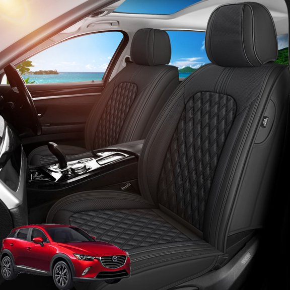 Front Seat Covers Fit for Mazda CX-3 2016-2021, Premium Faux Leather Waterproof Breathable Anti‑Slip Seat Protectors, Black