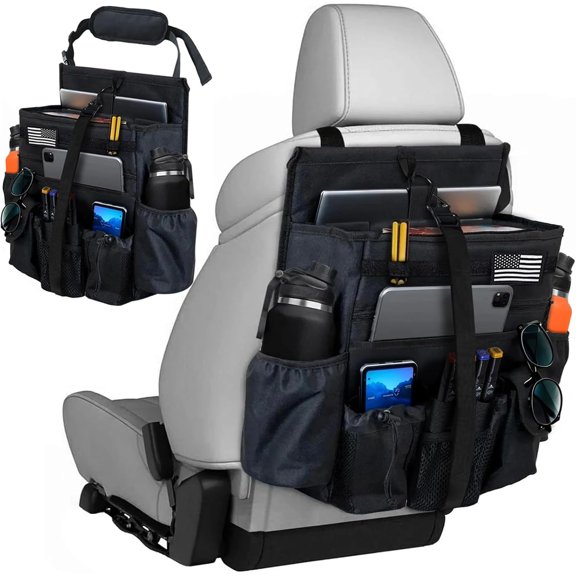 Front & Seat back organizer with dedied tablet and 15.6 IN laptop storage stabilizers external stabilizing side straps soft adjustable shoulder straps hardened buckle (Black)