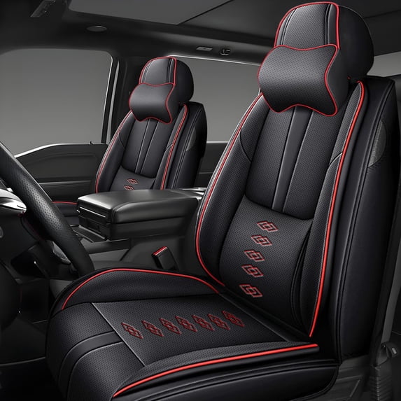 Front Set Car Seat Covers for Cadillac 98% Models,Waterproof Faux Leather Car Seats Cushions,Protect Car's Original Seats(Black+Red,Pillows)
