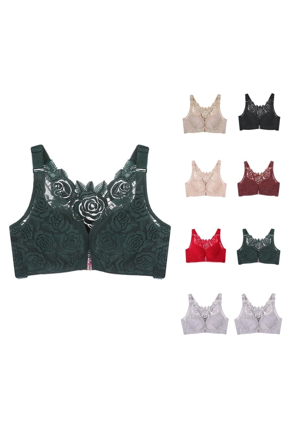 Front Side Buckle Seamless Bra, Comfort Rose Lace Edge Wireless Yoga Sleep Bra with Back Support Push Up Plus Size Adjustable