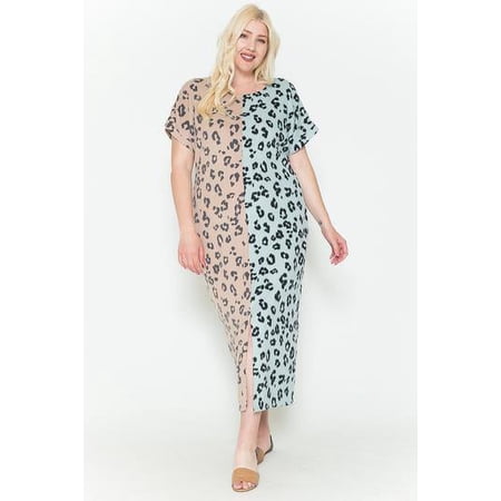 Front Slit Dolman Leopard Print Maxi Dress - Dusty Pink Combo, 1XL