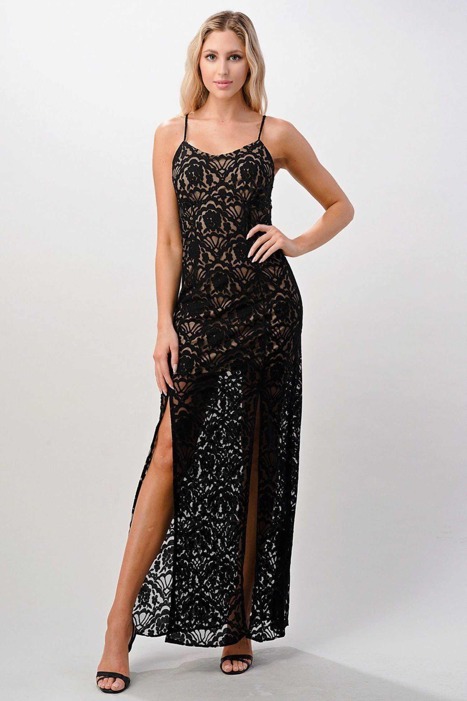 Elegant Black Lace Maxi Dress with Side Slit - Walmart.com