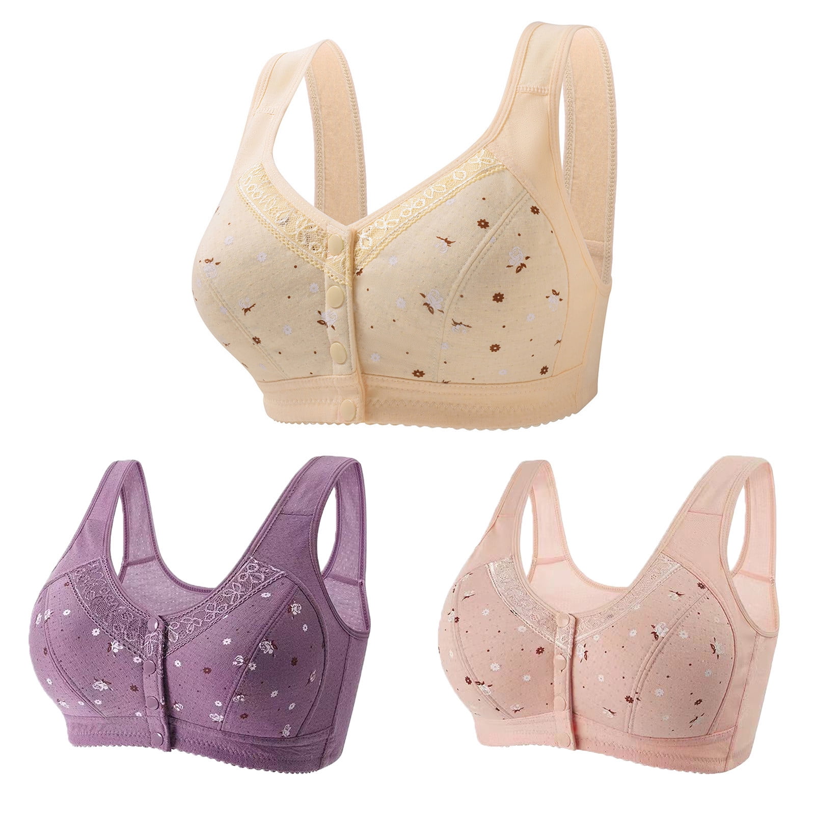 Front Snaps Closure Bras for Older Women 3 Pack Daisy Bra for Womens ...