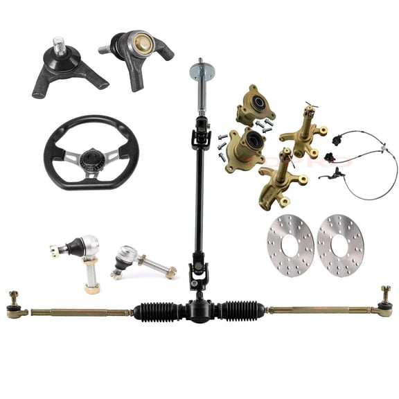 Front Steering Wheel Tie Rod Kit Gear Rack Pinion Shaft & 3 Stud Wheel Hub Steering Knuckle & Brake Caliper Disc Rotor DIY Parts for Go Kart Go Cart Golf Cart ATV Quad Buggy Drift Trike