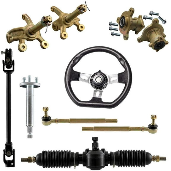 Front Steering Wheel Tie Rod Kit Gear Rack Pinion Shaft & 3 Stud Wheel Hub Steering Spindle Knuckle DIY Parts for Go Kart Go Cart Golf Cart ATV Quad UTV Buggy Drift Trike 4 Wheeler Dolly Cart