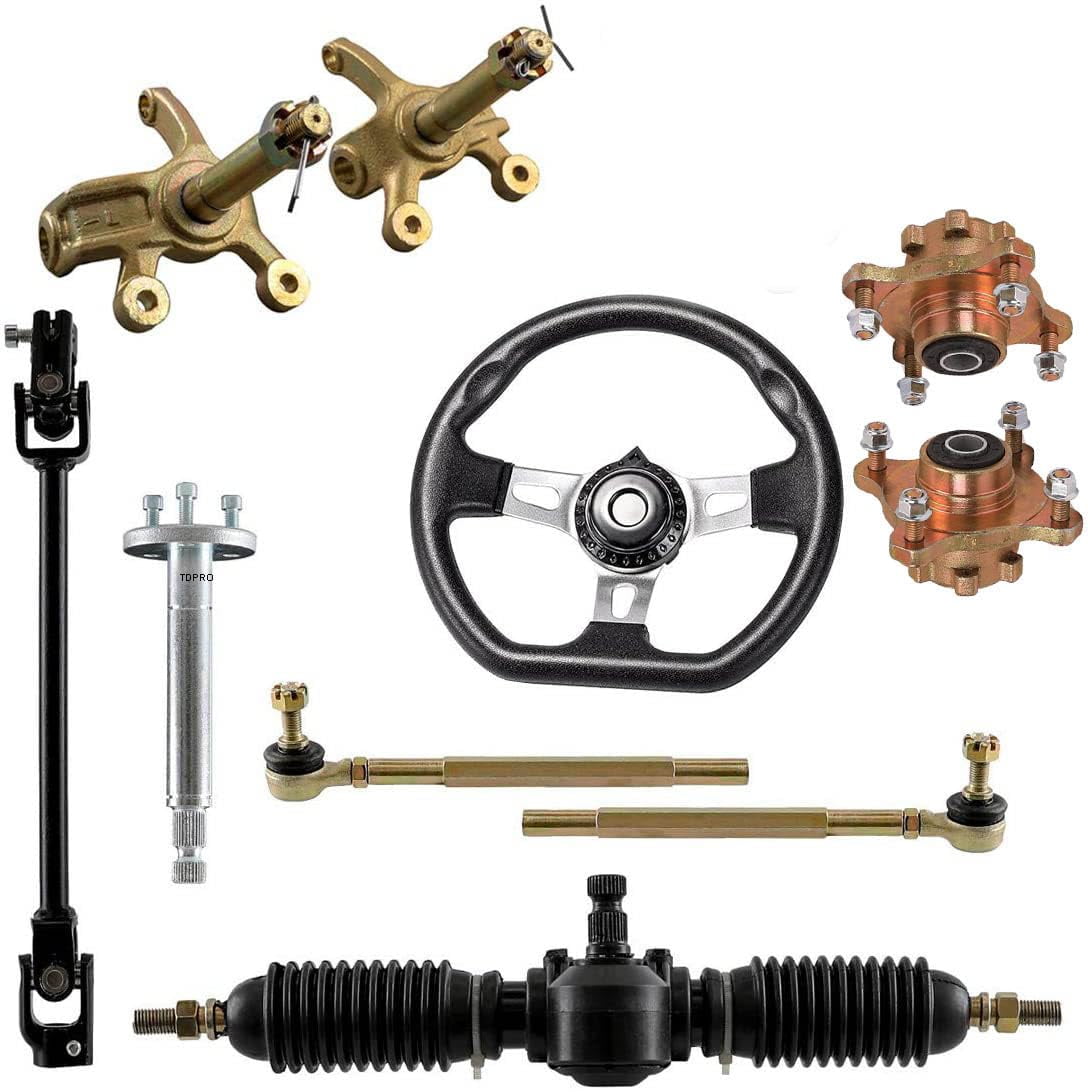 Front Steering Wheel Tie Rod Kit Gear Rack Pinion Shaft & 4 Stud Wheel Hub Steering Spindle Knuckle DIY Parts for Go Kart Go Cart Golf Cart ATV UTV Buggy Drift Trike 4 Wheeler Dolly Cart