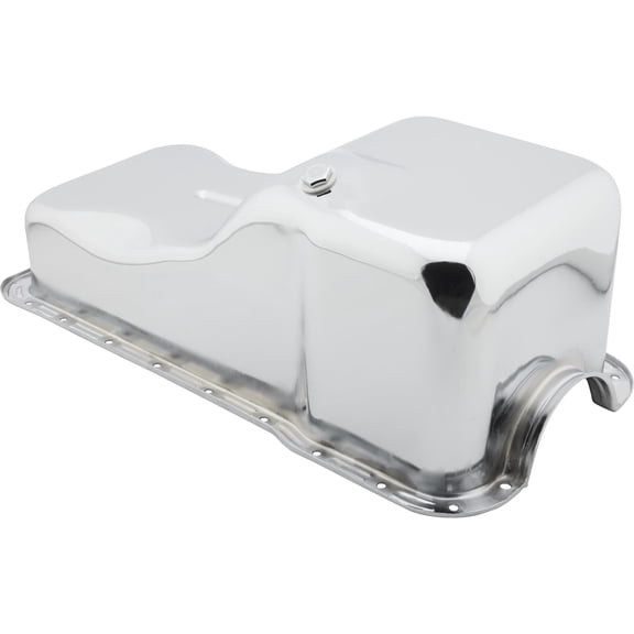 Speedway Motors SBF Front Sump Chrome Oil Pan for 221/260/289/302 Engines, Standard Capacity Design with 8 Inch Deep Sump and 6 Inch Front-to-Back Sump Length